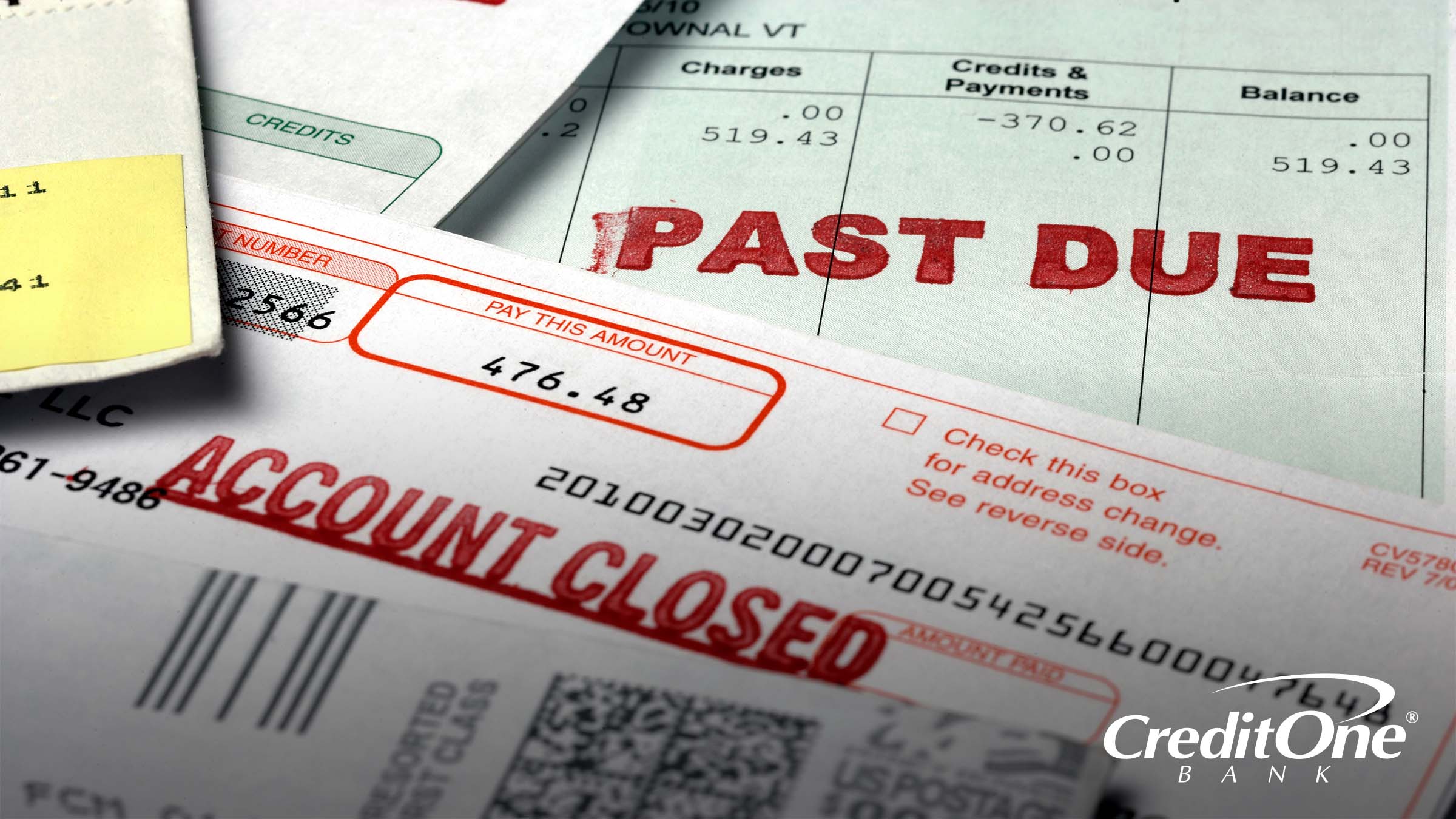 An invoice marked past due and a notification of an account being closed indicate a charge-off