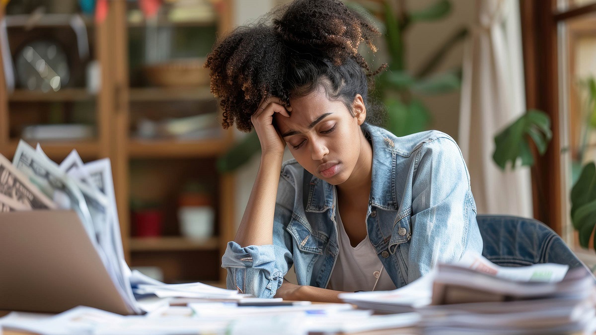 A worried young woman sits at a desk stacked with unpaid bills, her head in her hands, conveying financial stress as a Gen Z navigating debt and economic instability
