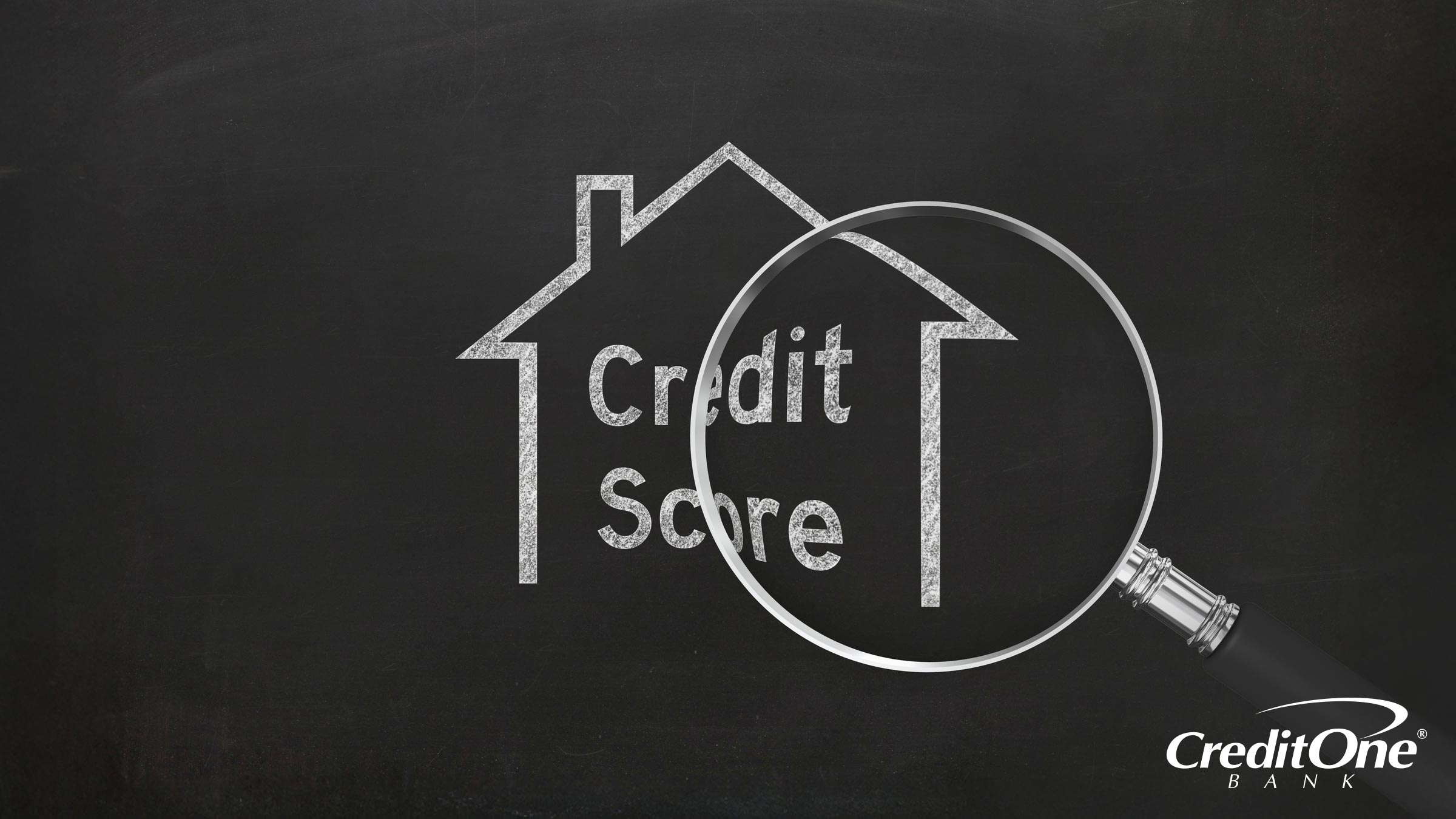 A magnifying glass hovers over a chalkboard drawing of a house with the label “credit score” inside, representing the concept of investigating what a credit score is.